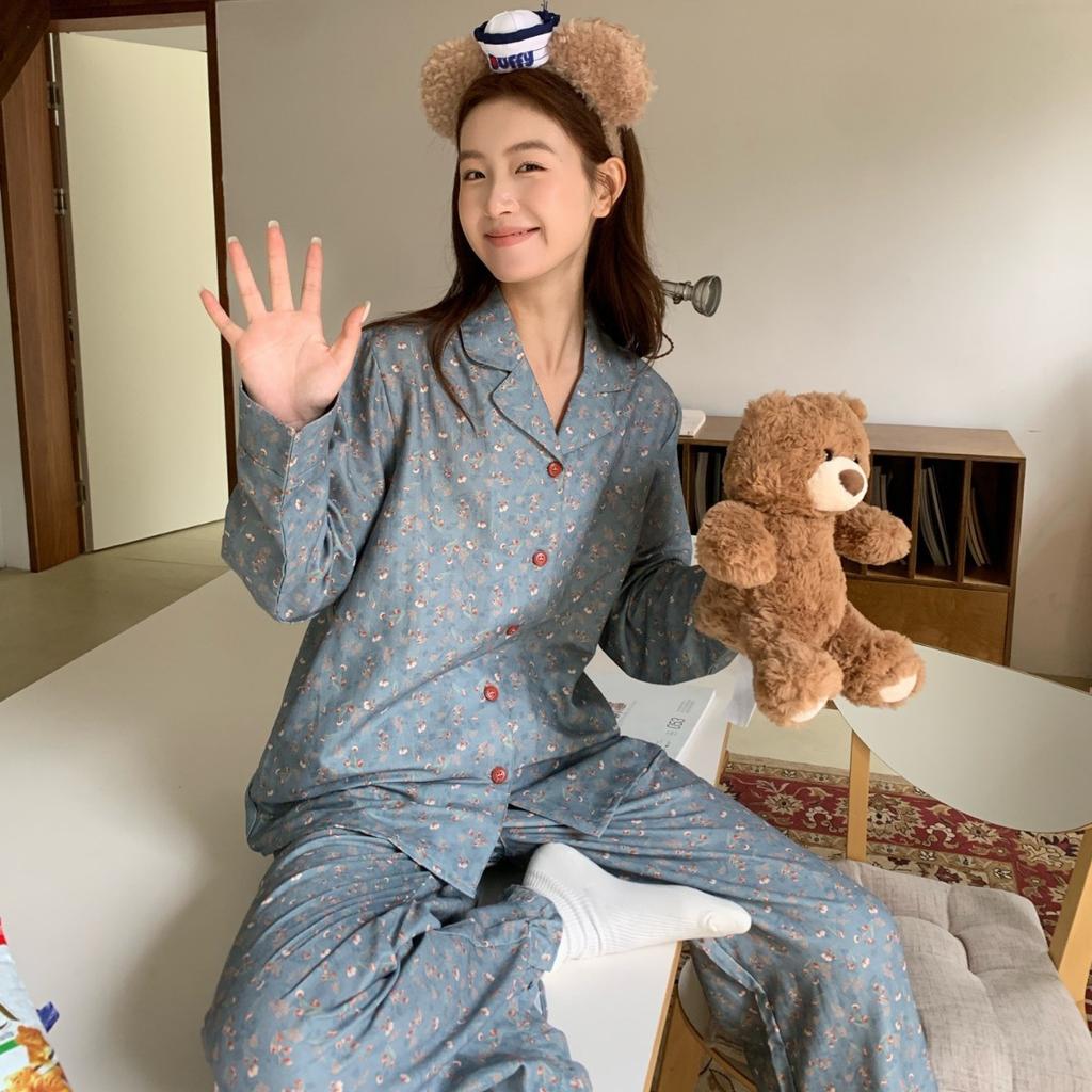 11 ins breathable home pajamas small lapel women's simple cotton double-layer yarn pajamas loungewear