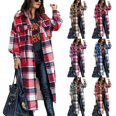 Ladies Casual Loose Long Sleeve Loose Single-breasted Button Plaid Long Coat