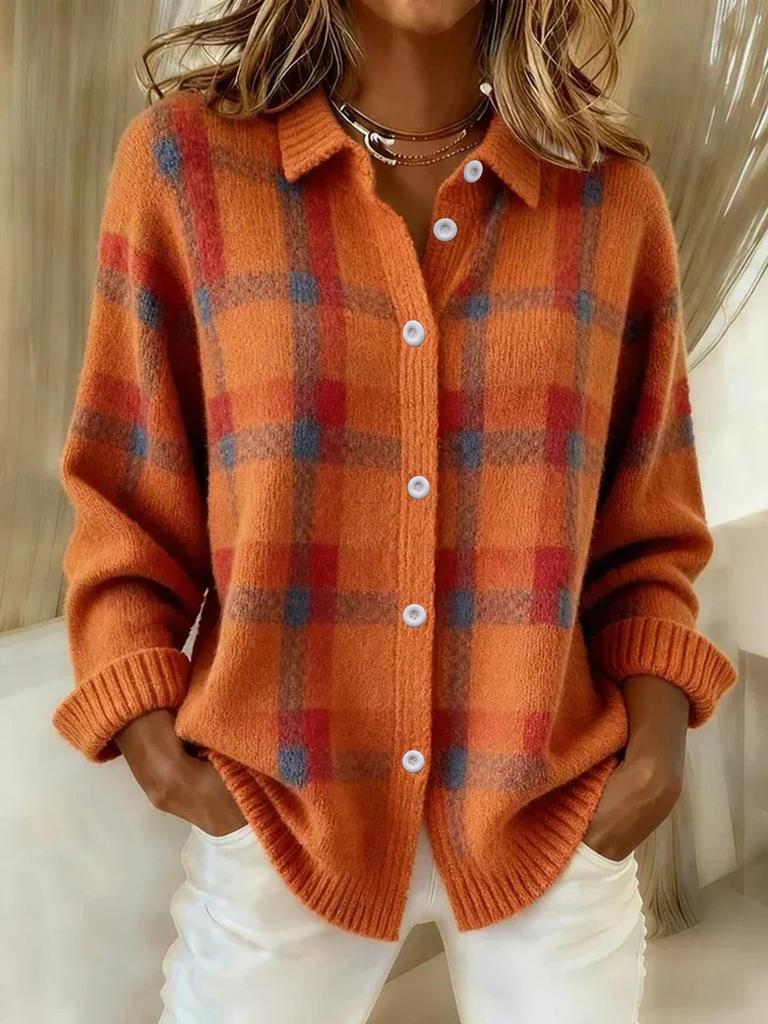 Women's Casual Plaid Long Sleeve Lapel Shirt Cardigan