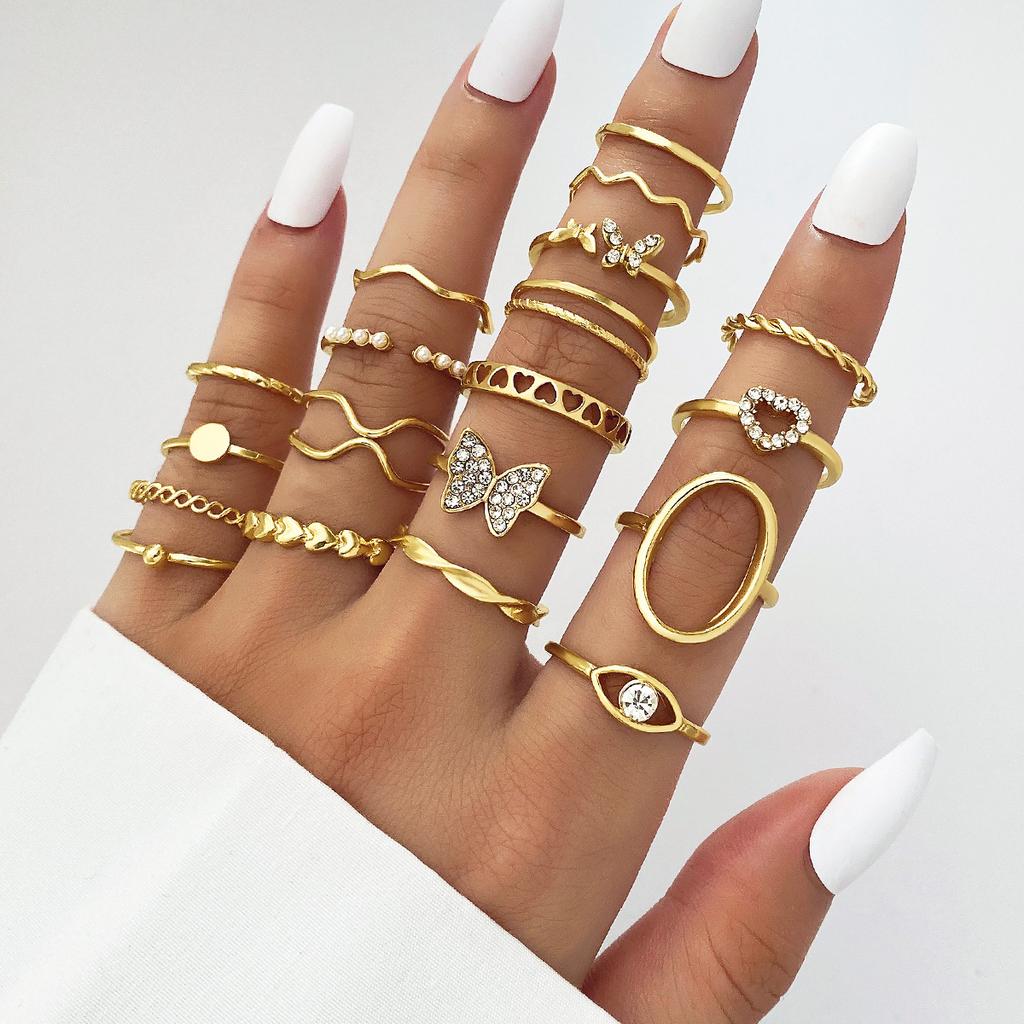 Open Multi-joint Ring Set for Women, Featuring a Unique Hollow Heart and Butterfly design22Set