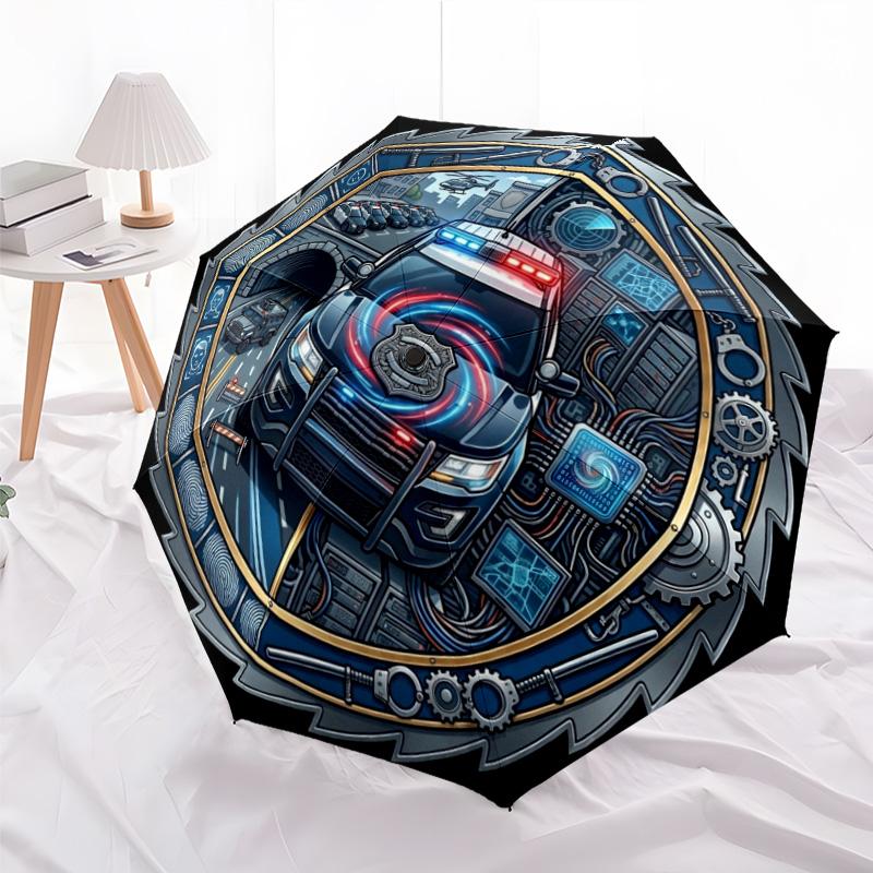 Police Technology Emblem Pattern Umbrella, Portable and Foldable Design, 8 Ribs, a Casual Accessory for Halloween, Christmas, and Birthday Gifts.
