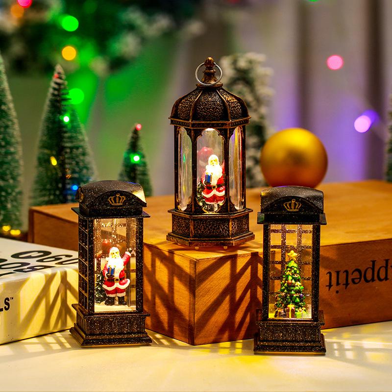 Christmas Decoration Hexagonal Wind Lantern Interior Water-filled Small Oil Lamp LED Light-emitting Christmas Wind Lantern Ornament Christmas Gift