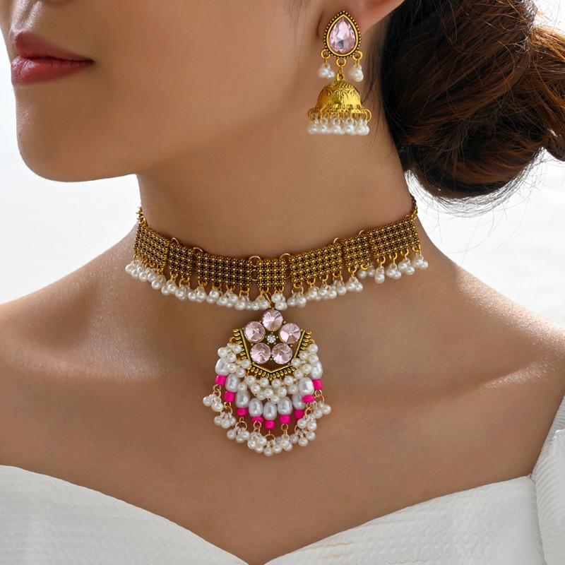 Southeast Asia Indian Ethnic Gemstone Beaded Earrings and Necklace Set