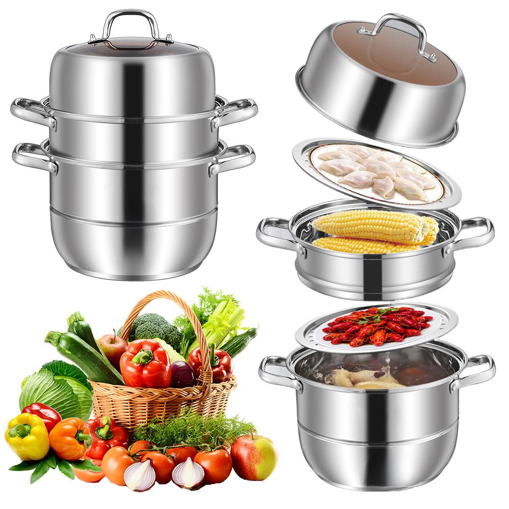 Steaming Pot 11inch 3 Tier Stainless Steel with Lid Handle Cookware Pot Thick Food Steamer for Vegetable Dumpling Stock