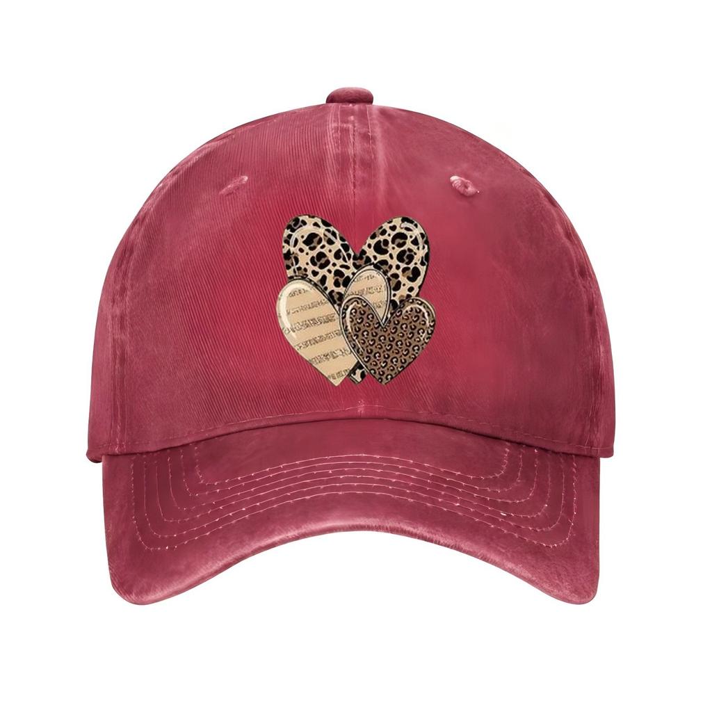 Leopard Print Hearts Baseball Cap Unisex Adjustable Cotton Casual Wash Style Summer Sun Hat