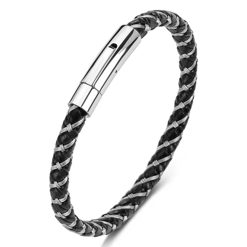 2026 Europe, America, Men s Genuine Leather Steel Wire Bracelet Buckle Bracelet 16.5CM