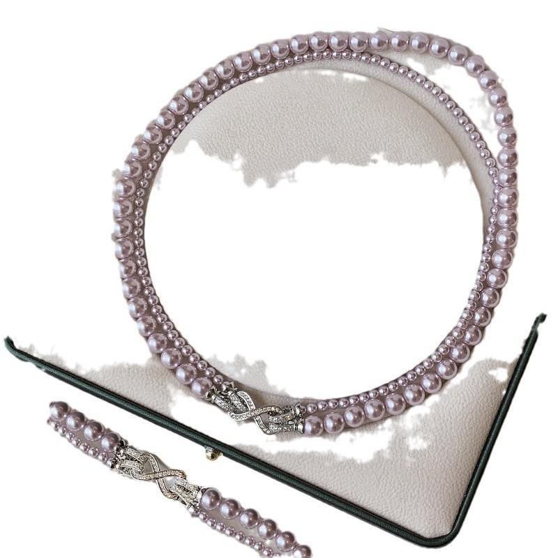 Shijia Pearl Tin Alloy Manta Rose Color Women's Double-layered Beads Sweater Chain Electroplated Minimalist Light Luxury