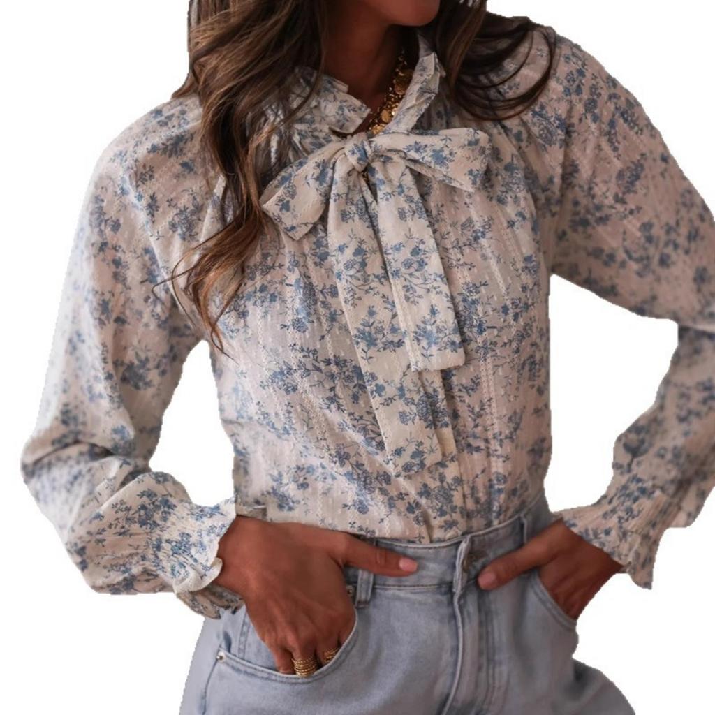 Women's  Spring Summer New Floral Print V Neck Tie Long Sleeve Blouse Vacation Style Casual Shirt For Women European American Crossborder