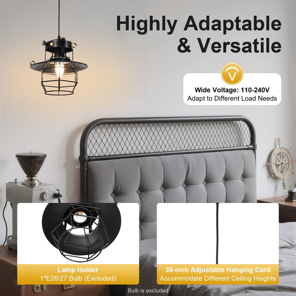 Industrial Cage Pendant Light Black, Kitchen Island Lighting, E26/E27 Bulb, Adjustable Cord, for Cafe Home Dining Room