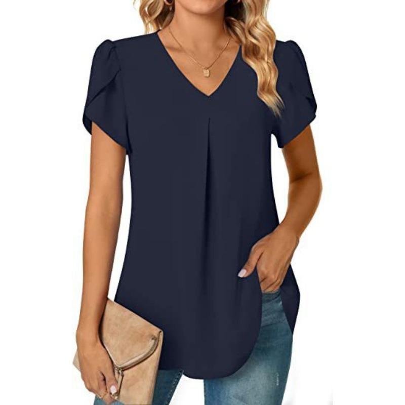 EastRogue Women's Fashion Casual Summer Solid Color Print Short Sleeve V-Neck Blouses & Shirts