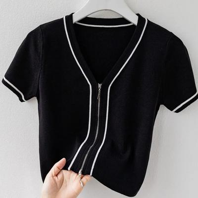 Women's V-Neck Knit Top Piping Casual Short Sleeve Zip-Up Cardigan