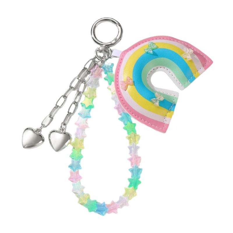 

Leather Rainbow Bag Charm Lovely Heart Keychain Braided Rope Keyring Star Car Key Chain Backpack Bag Pendant Ornaments 1