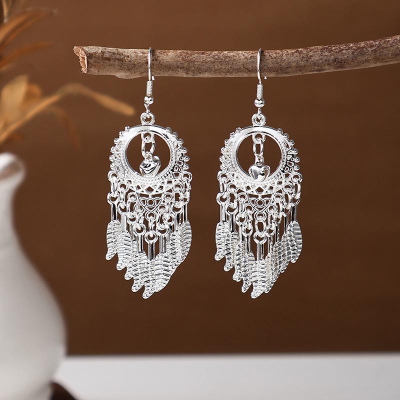 Ethnic Miao Silver Tassel Earrings - Retro Long Dangle Scenic Studs for Women