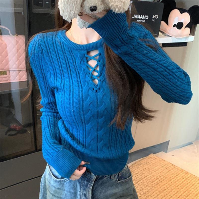 

Осень Зима Свободный Повседневный Однотонный Ажурный Свитер Женский Круглый Вырез Базовый Вязаный Пуловер Топ onesize синий