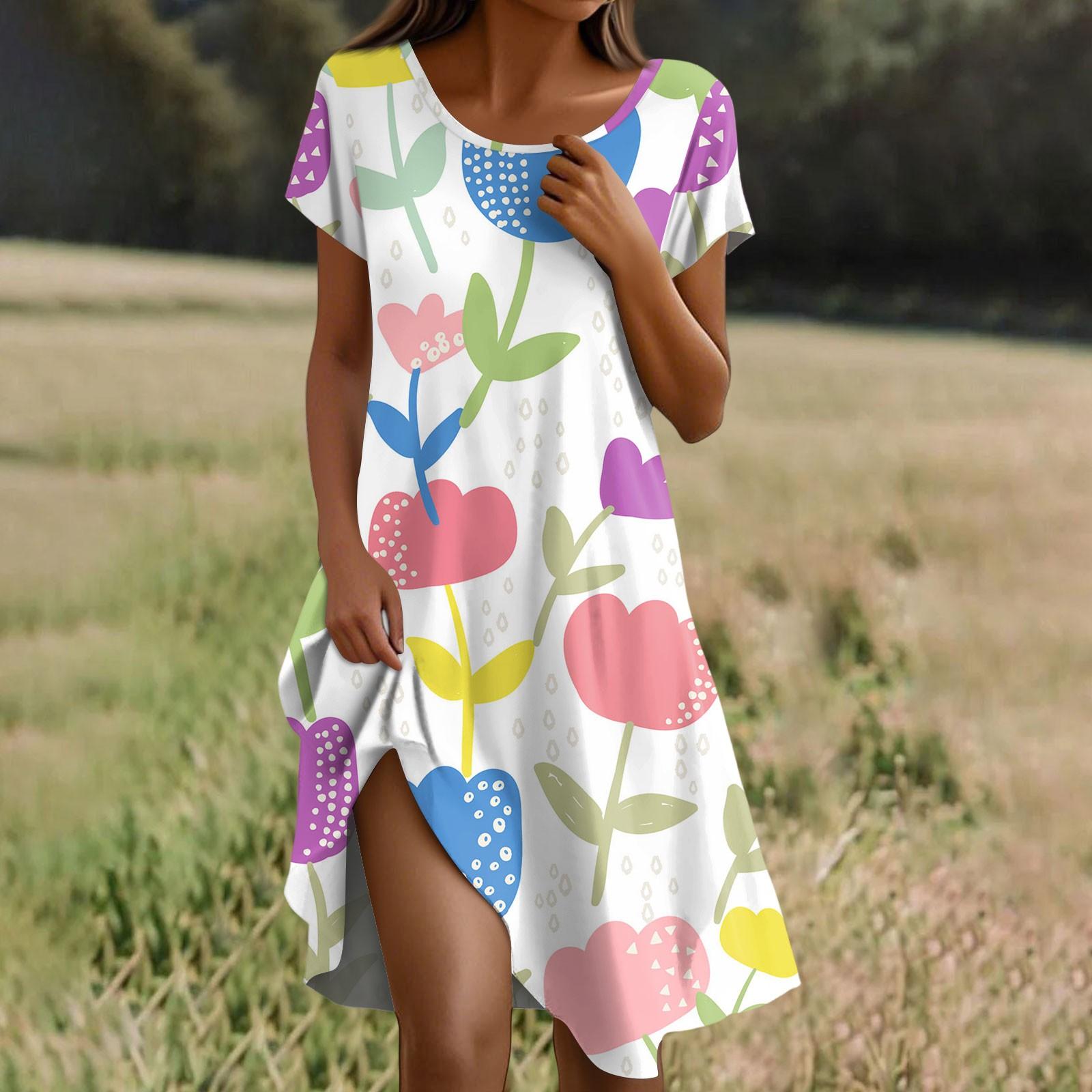 

Платье в стиле бохо с коротким рукавом для женщин, повседневное, свободного кроя, летнее, сарафан с цветочным принтом и карманами S розовый