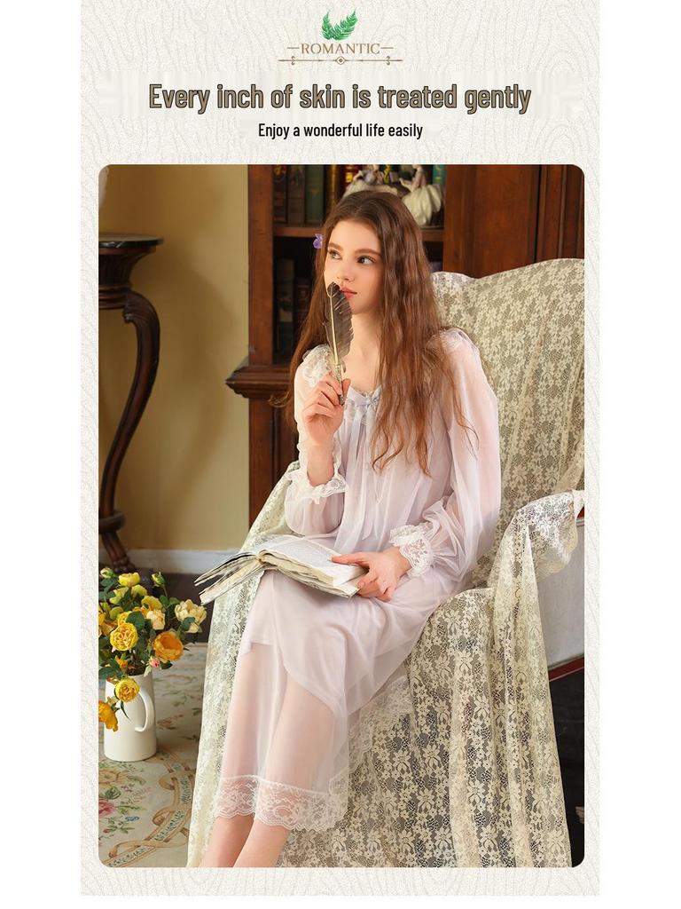 Elegant French Lace Modal Princess Nightgown - Women's Long Sleeve Sleepwear for Spring and Autumn