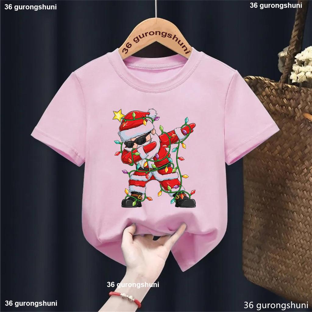 Kawaii Kids Clothes Dabbing Santa Claus Christmas Tree Lights Print T Shirt Girls/Boys Funny Solid T-Shirt Harajuku Shirt Tops