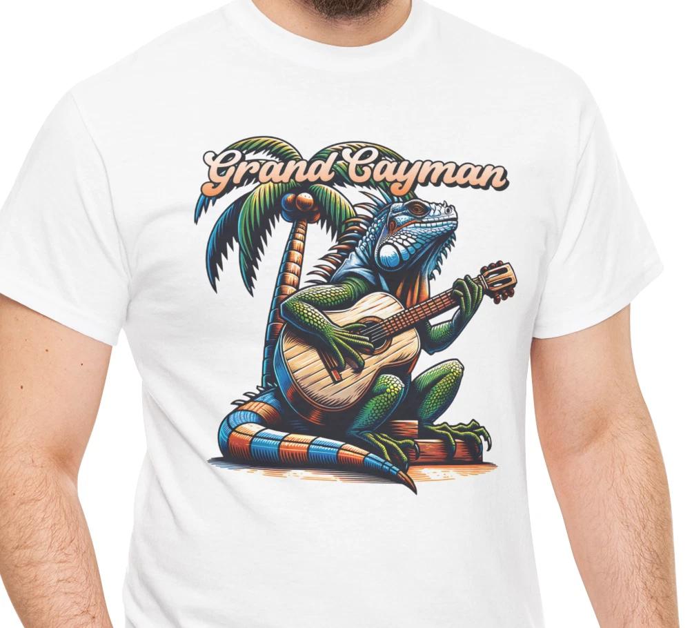 Grand Cayman Iguana Playing Guitar Under A Palm Tree T shirt | Island Souvenir 4XL