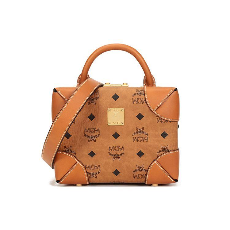 MCM Soft Berlin Visetos Gecoat Monogram Print Leer Doos Tas Dames Handtassen Bruin Cognac MWRAABF03CO001 Basic Set (Bag+Dust Bag)