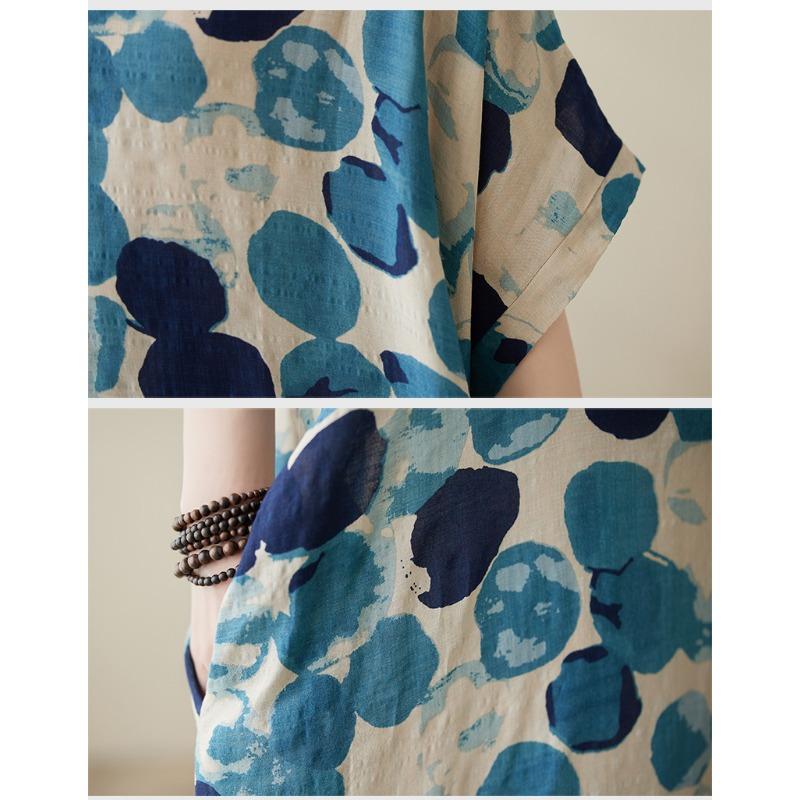 Sommer V-Ausschnitt Dünn Baumwolle Leinen Übergröße Locker Literarischer Urlaubsstil Strandkleid Retro Lange Kleider