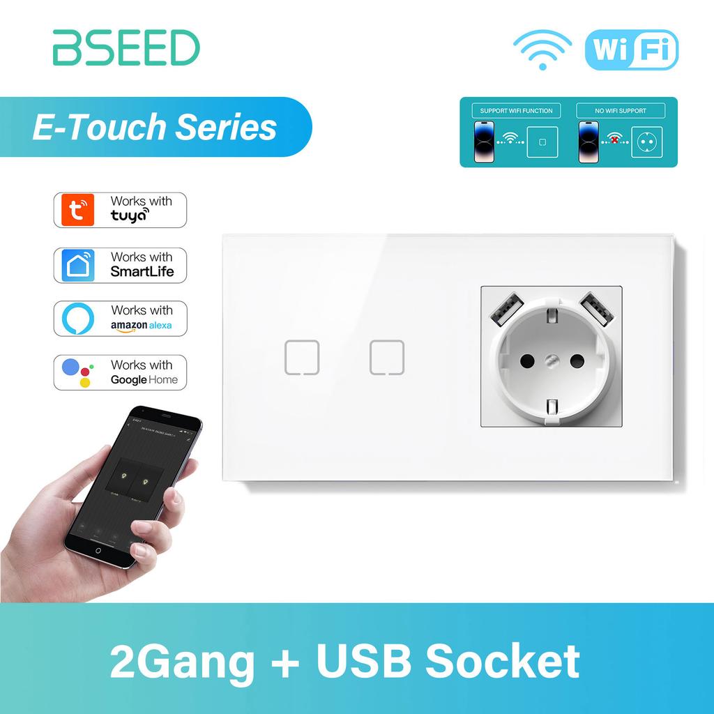 BSEED 1/2/3/4Gang WIFI Dotykový vypínač Skleněný Chytrý nástěnný vypínač Dotyková obrazovka Podsvícení Telefon Rychlé nabíjení USB C Zásuvka Řada E