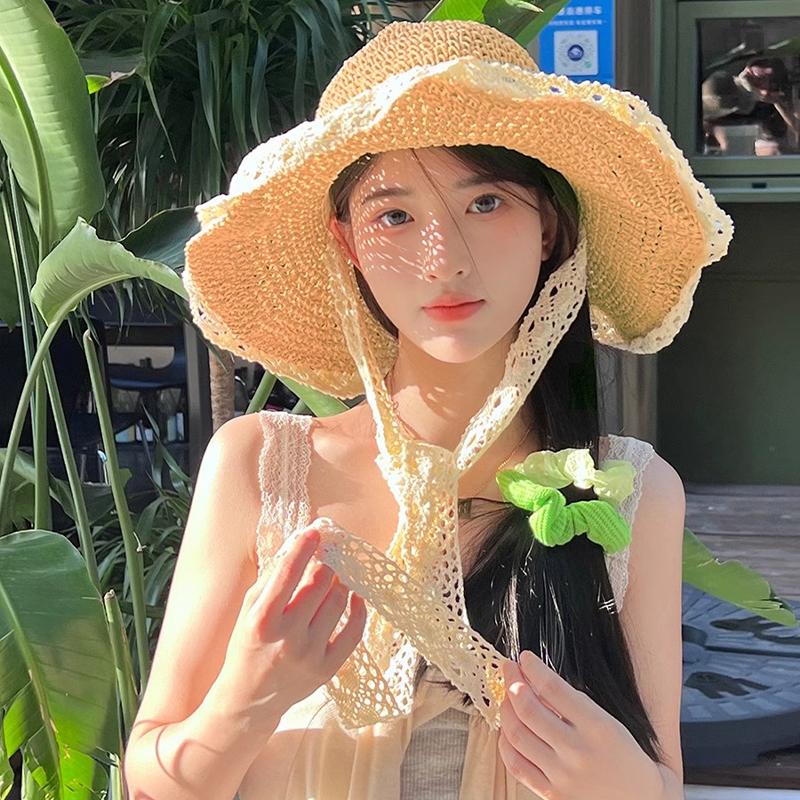 Lace lace-up big brim straw hat women's summer 2026 new beach travel sun hat seaside sun hat
