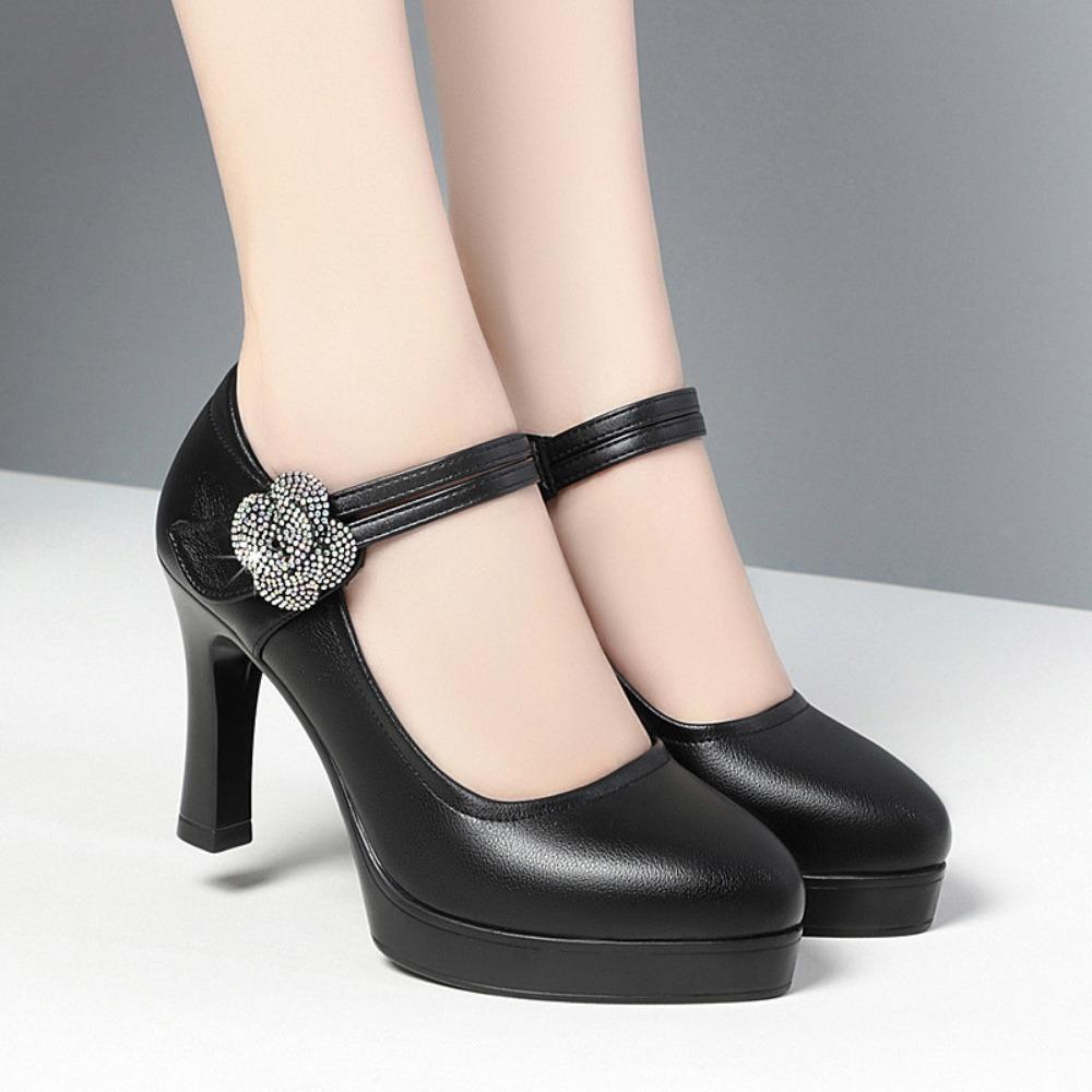 Women's Office Soft Leather Flower  Pumps Pointed Toe Buckle Strap Platform High Heels Four Season Shallow Mouth Single Shoes