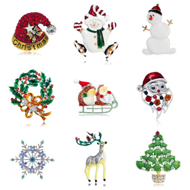 New Enamel Christmas Brooches Christmas Tree Snowman Santa Hats Reindeer Snowflake Metal Pins Xmas Decorative Jewelry