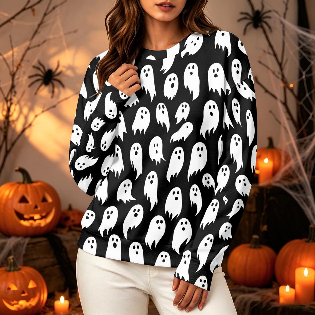 Women's Halloween Long Sleeve Sweatshirt with Pumpkin Print, Round Neck Pullover Top for Casual Daily Wear
