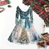 Rochie Midi cu Imprimeu de Crăciun pentru Femei, Mânecă Lungă, Decolteu în V, Margine Blănoasă, Croială A-Line, Rochie de Petrecere, Ediție Limitată de Crăciun