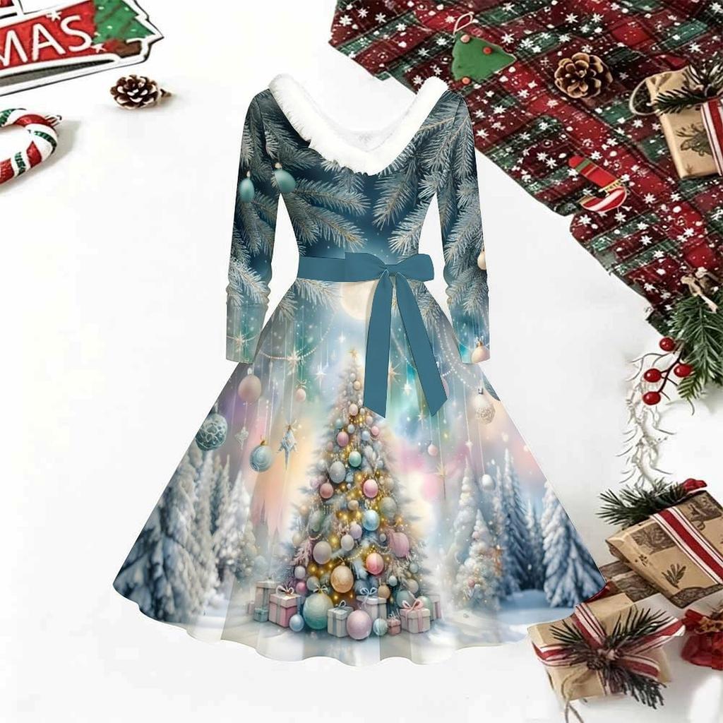 Rochie Midi cu Imprimeu de Crăciun pentru Femei, Mânecă Lungă, Decolteu în V, Margine Blănoasă, Croială A-Line, Rochie de Petrecere, Ediție Limitată de Crăciun