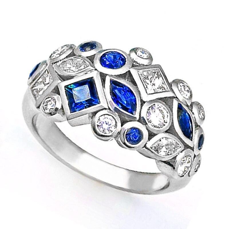 Luxury Vintage Rings for Women with Deep Blue/White Cubic Zirconia  Novel Design Lady's Finger-rings Retro Party Jewelry