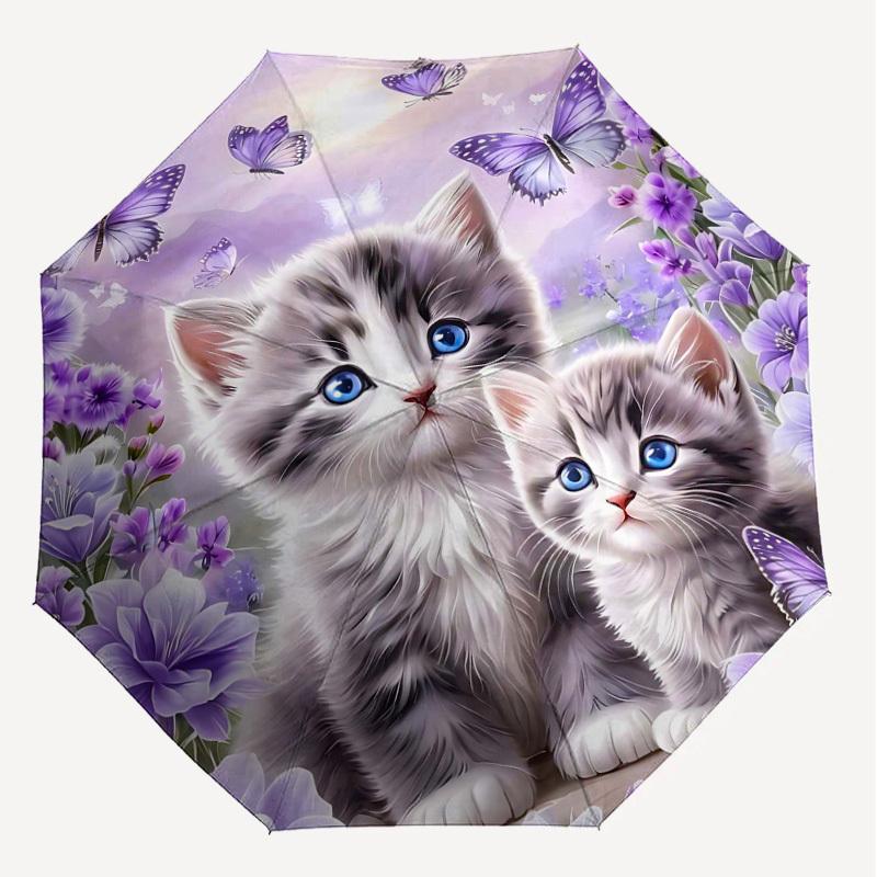 1PC Kittens Flowers Umbrella-8-Rib Reinforced Portable Folding Travel Suitable for All Seasons Outdoor Daily Use  -J0388