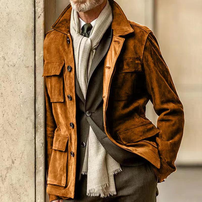 2023 Men's European & American Cowhide Velvet Multi-Pocket Casual Jacket