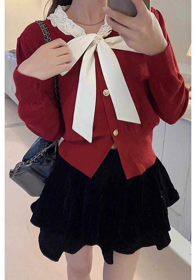 Elegant Bow Tie Lace-Up Long Sleeve Knit Cardigan for Women
