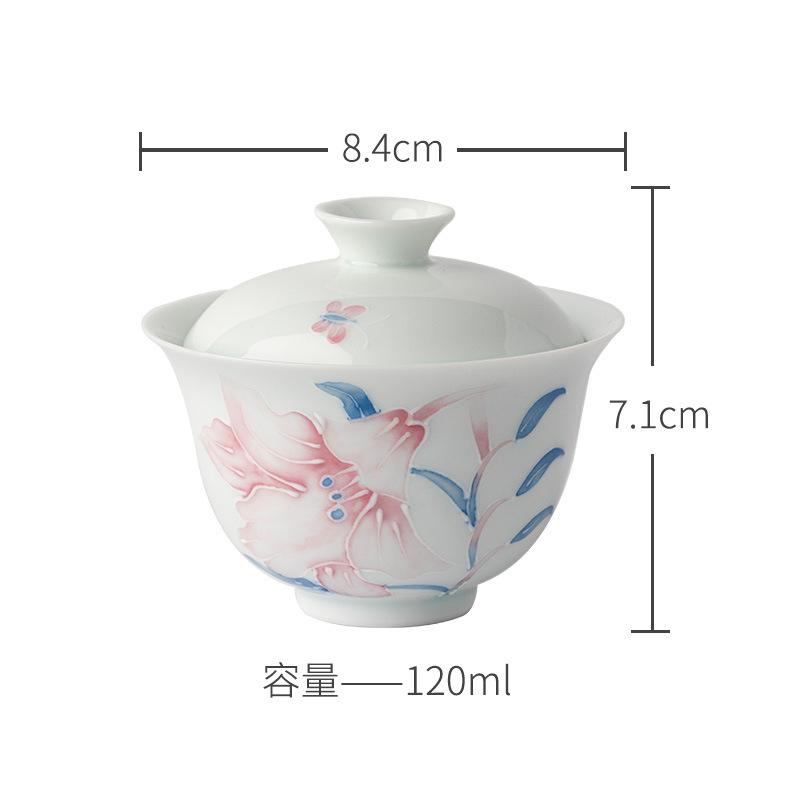 Japanese Style Hand-painted Lily Gaiwan Handmade White Porcelain Tea Bowl Tea Cup Kung Fu Tea Set 120ml
