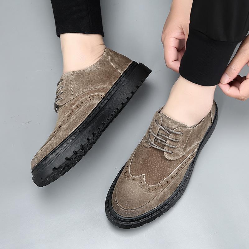 Męskie Sznurowane Buty na Wysokim Obcasie Czarne Zamszowe Skórzane Grube Brogsy Podwyższające Retro Platformowe Oksfordy dla Mężczyzn Buty Podwyższające