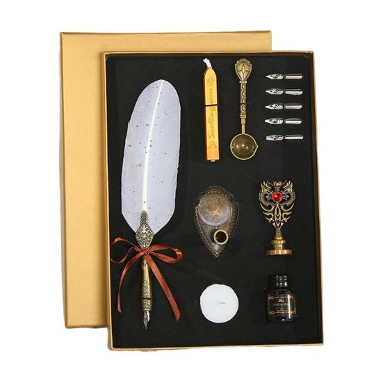 1 Set Retro Quill Pen Set with Lacquer Stick Handcrafted Vintage Glitter Design Feather Pen Kit for Students