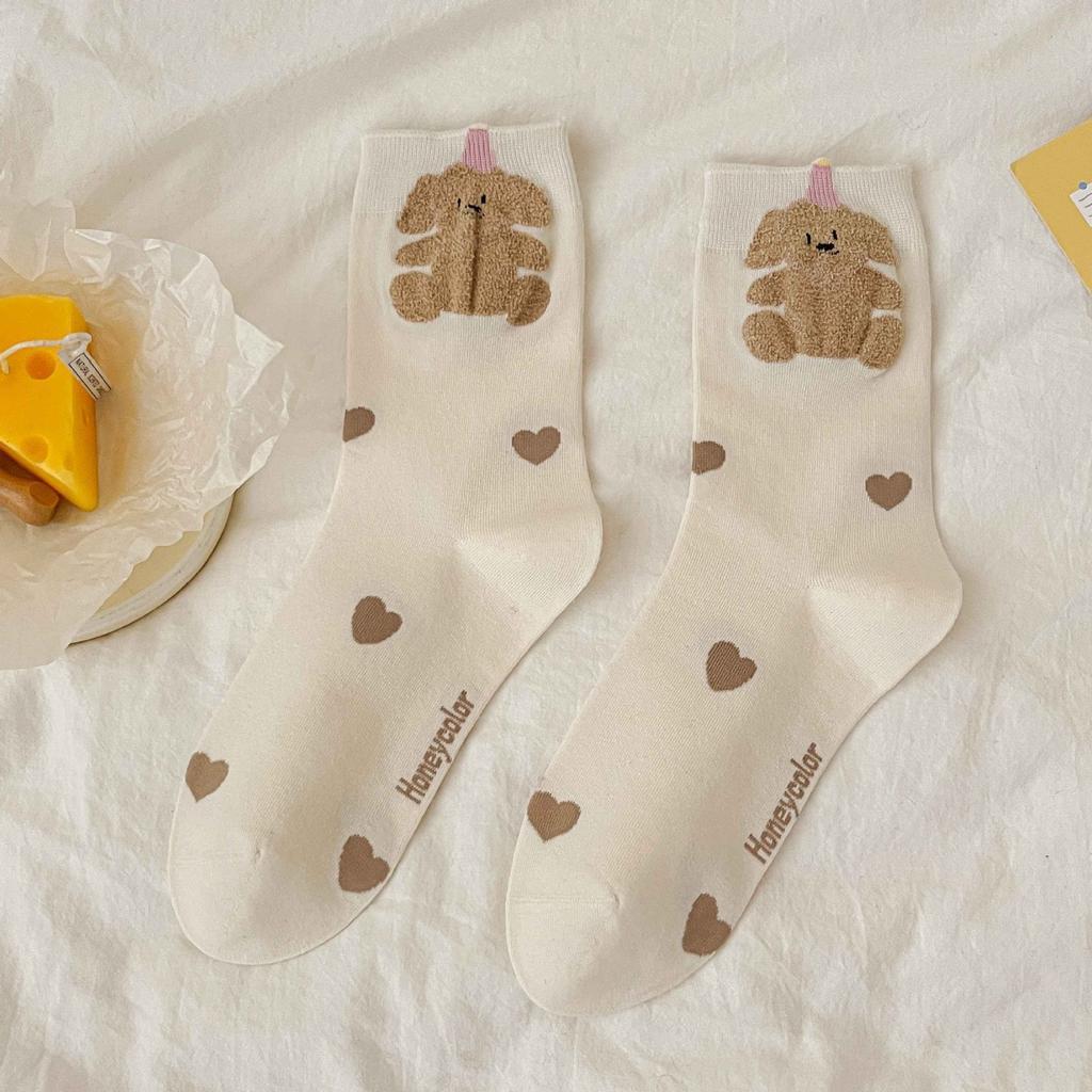 Boneless Socks Medium Tube Socks Flocked Cotton Socks Monsoon Cute Cartoon Bear Sweat-Absorbing Stockings