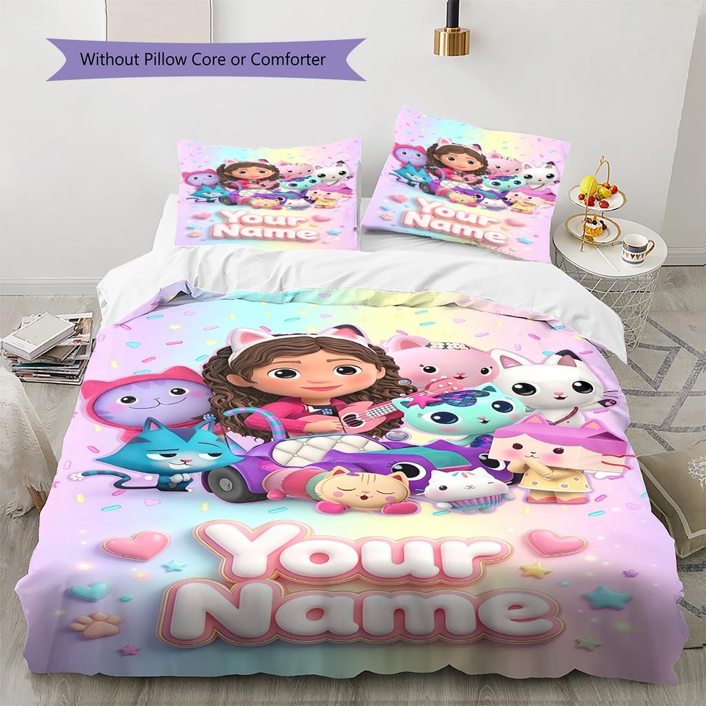 Name Custom Gabby Dollhouse Pattern Bedding Set Quilt Cover Pillowcase Home Decor Gift (1 * Duvet Cover + 2 * Pillowcase, Without Core)