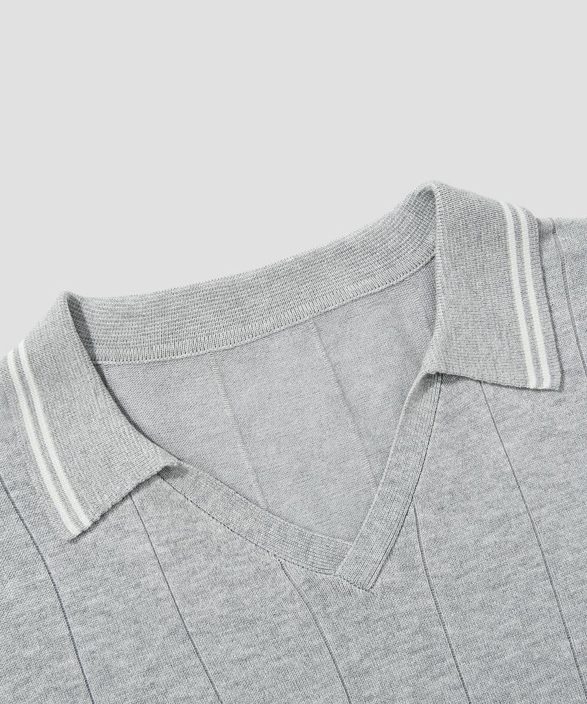 AGOD V-Neck Collared Short-Sleeve Shirt Knit [Heather Grey]