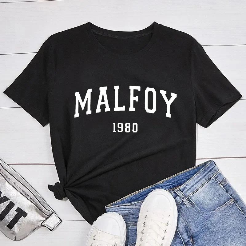 Fashionable retro letter Malfoy printed short sleeved Womens round neck short sleeved daily versatile Tshirt