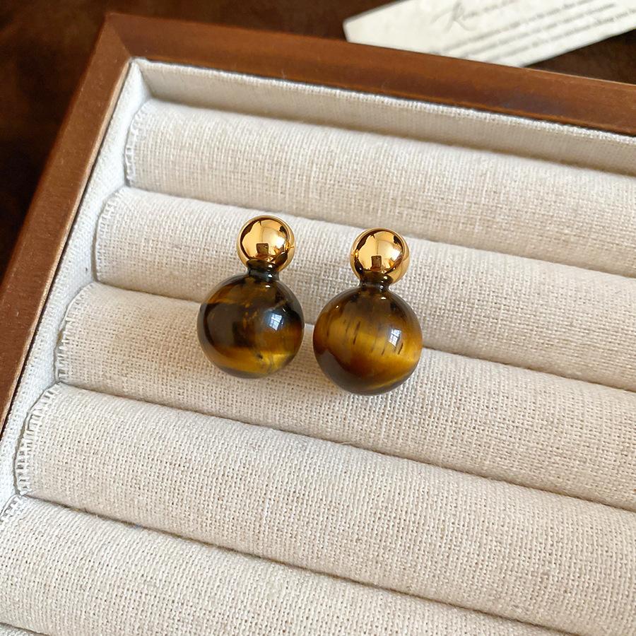

Real Gold Plated Vintage Natural Stone Tiger Eye Multiple Heart Flower Round Geometric Dangle Earrings for Women Copper