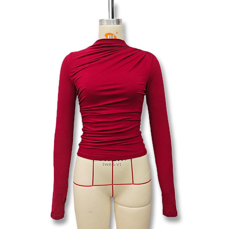 2024 Autumn/Winter Slim-Fit High-Neck Pleated Long-Sleeve Women's Top