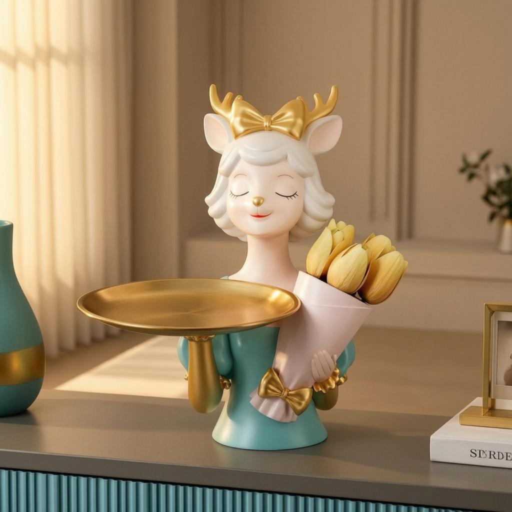 Deer Figurine with Tray Beautiful Deer Statue with Tray Tabletop Organizer Lovely Compact for Entryway, Dresser