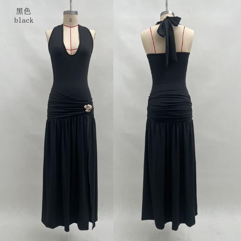 European and American summer new women's clothing neck halter solid color split slim sexy long dress dress