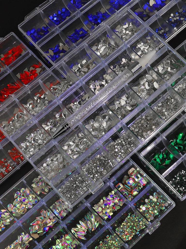 Iridescent Nail Art Rhinestone Set: 24 Grids of Mixed Super Sparkle Flat-Back Rhinestones in Special Shapes with Box Packaging.