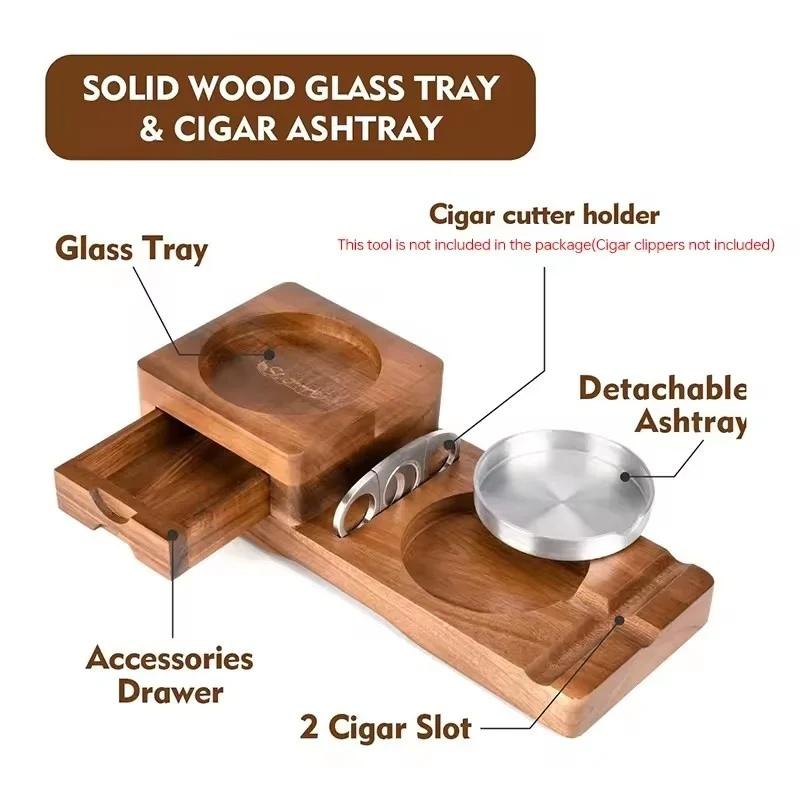 Wooden Cigar Ashtray with Drawer - Whiskey Glass Holder Cigar Holder Beverage Coaster Cigar Accessories for Men