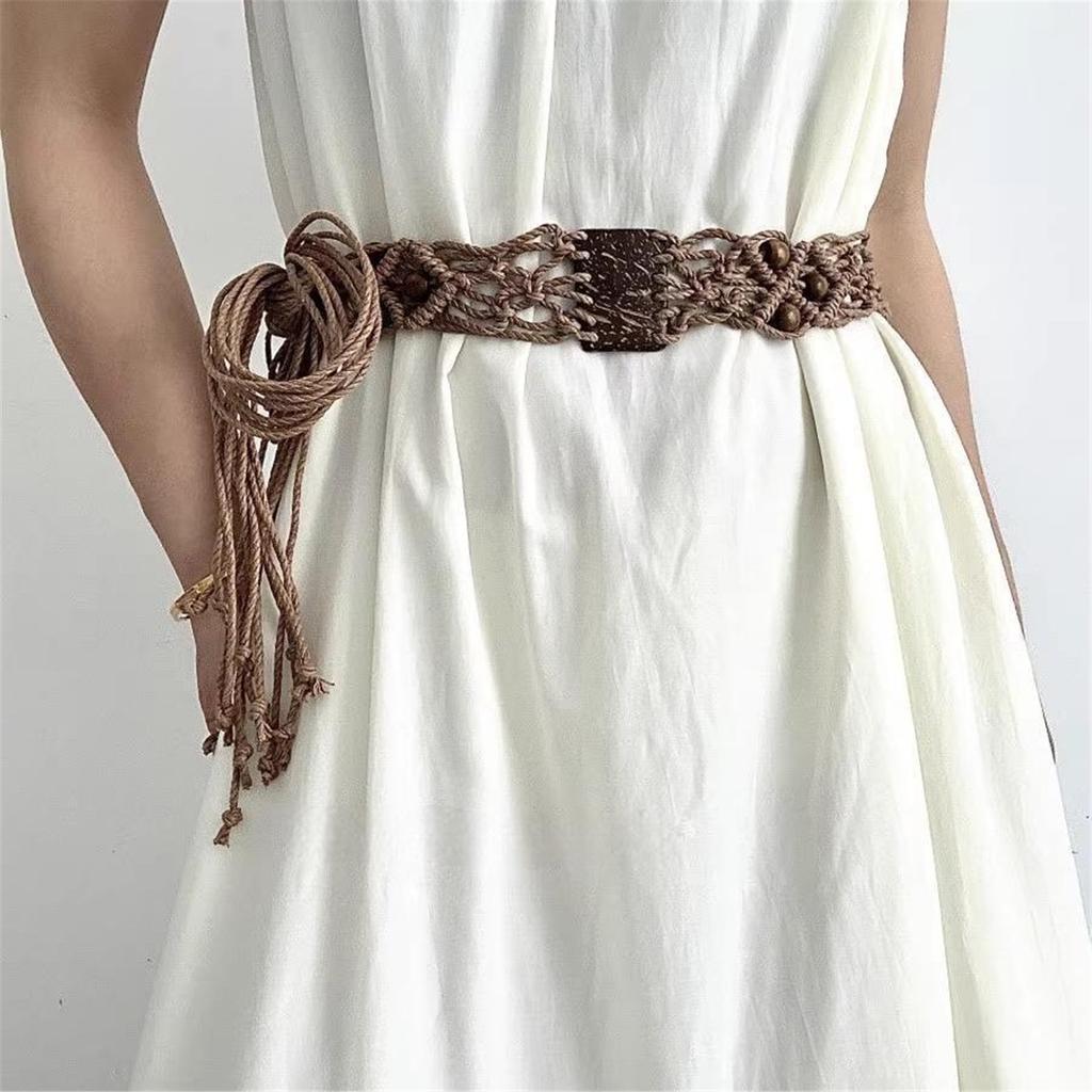 Bohemian Braided Cotton Rope Belt With Wooden Beads Adjustable Waist Cincher For Dresses And High Waist Pants