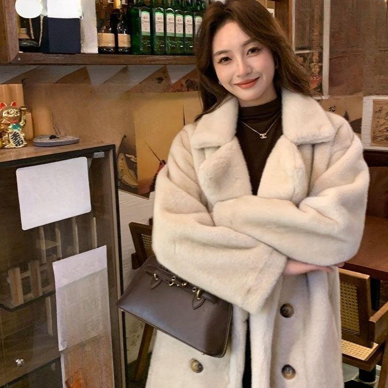 

Модний жіночий пальто зі штучного хутра норки Зимова тепла плюшева куртка Довгий зручний екологічний верхній одяг L абрикосовий